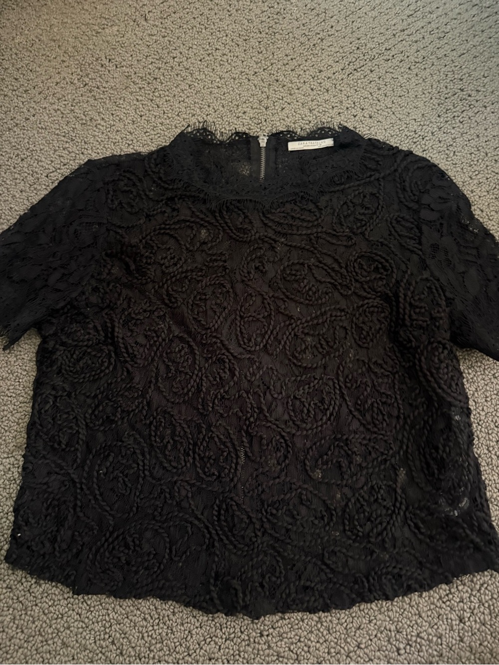 Zara trafaluc Black Lace Short Sleeve Blouse with Textured Swirl Detail